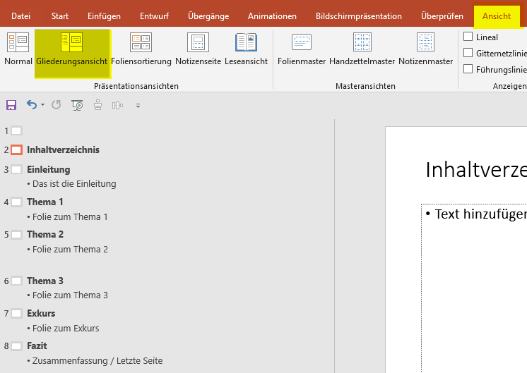 powerpoint inhaltsverzeichnis gliederungsansicht