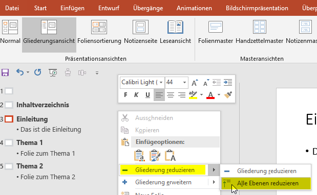 powerpoint inhaltsverzeichnis gliederungsansicht