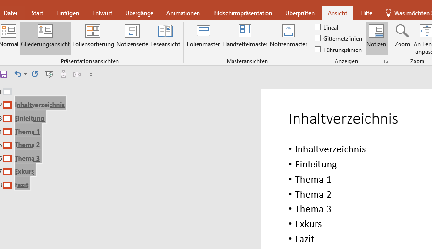 powerpoint inhaltsverzeichnis gliederungsansicht