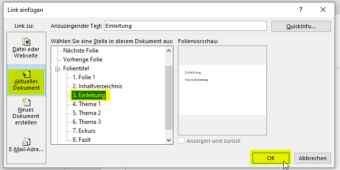 powerpoint inhaltsverzeichnis link einfügen