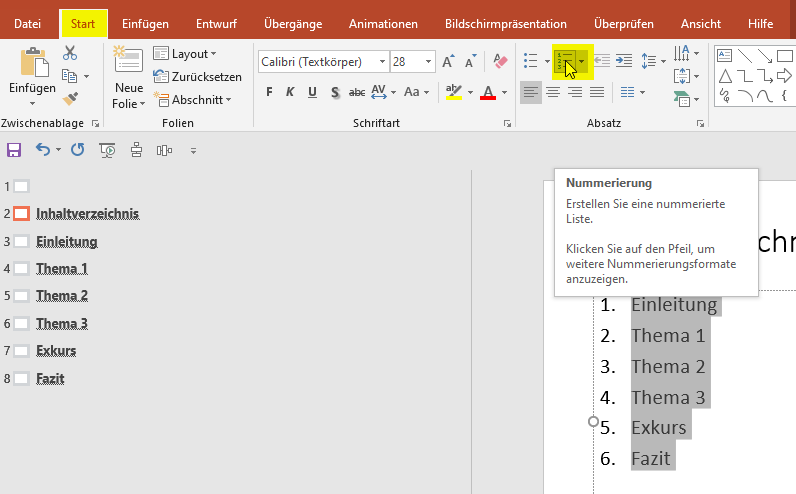 powerpoint inhaltsverzeichnis nummerierung der inhalte